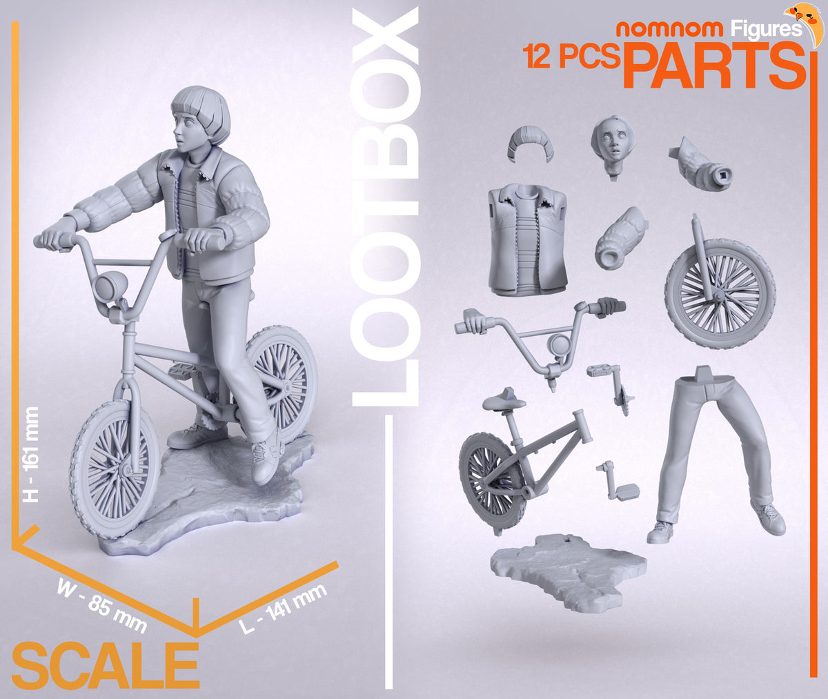 Will from Stranger Things resin figure parts display showing unpainted components including torso, head, limbs, bike, wheels, and accessories on gray background.