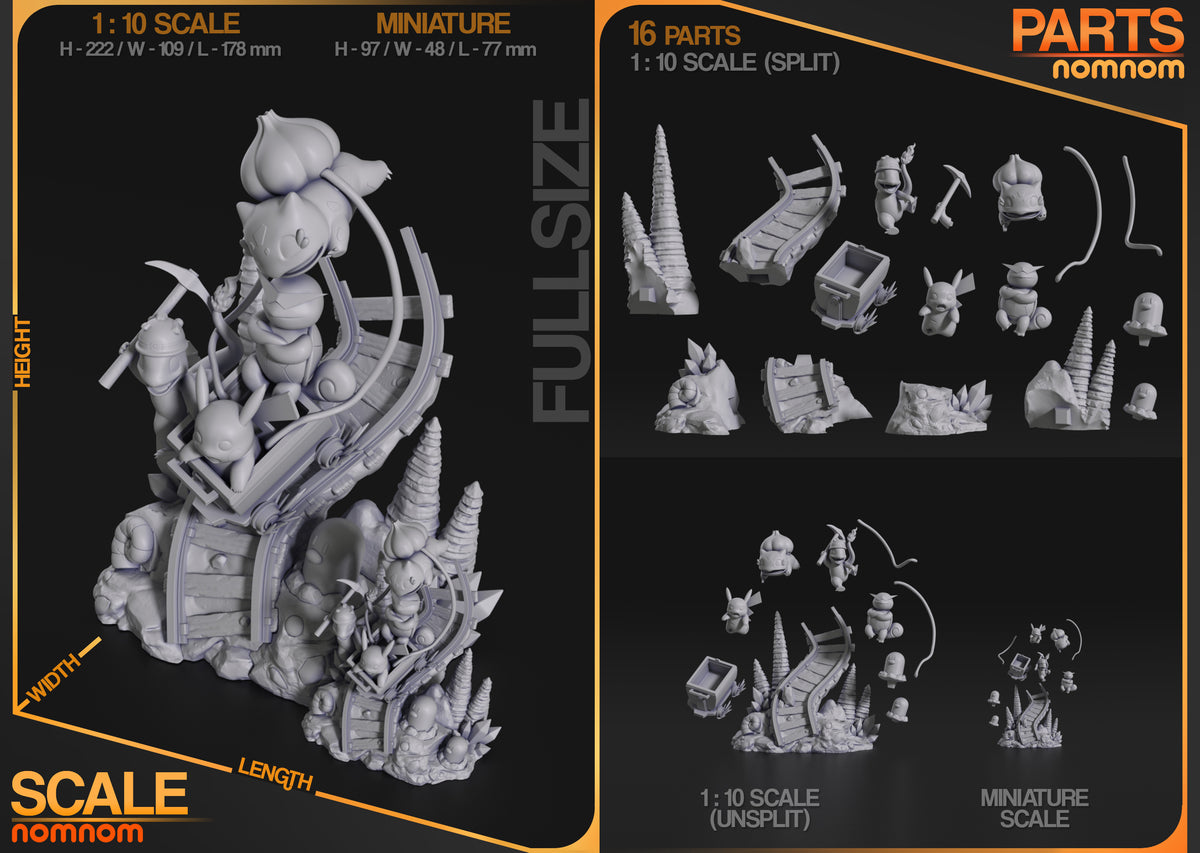 Unpainted resin figure parts for Pikachu, Bulbasaur, Charmander, Squirtle and Digidas from Pokémon are laid out separately.