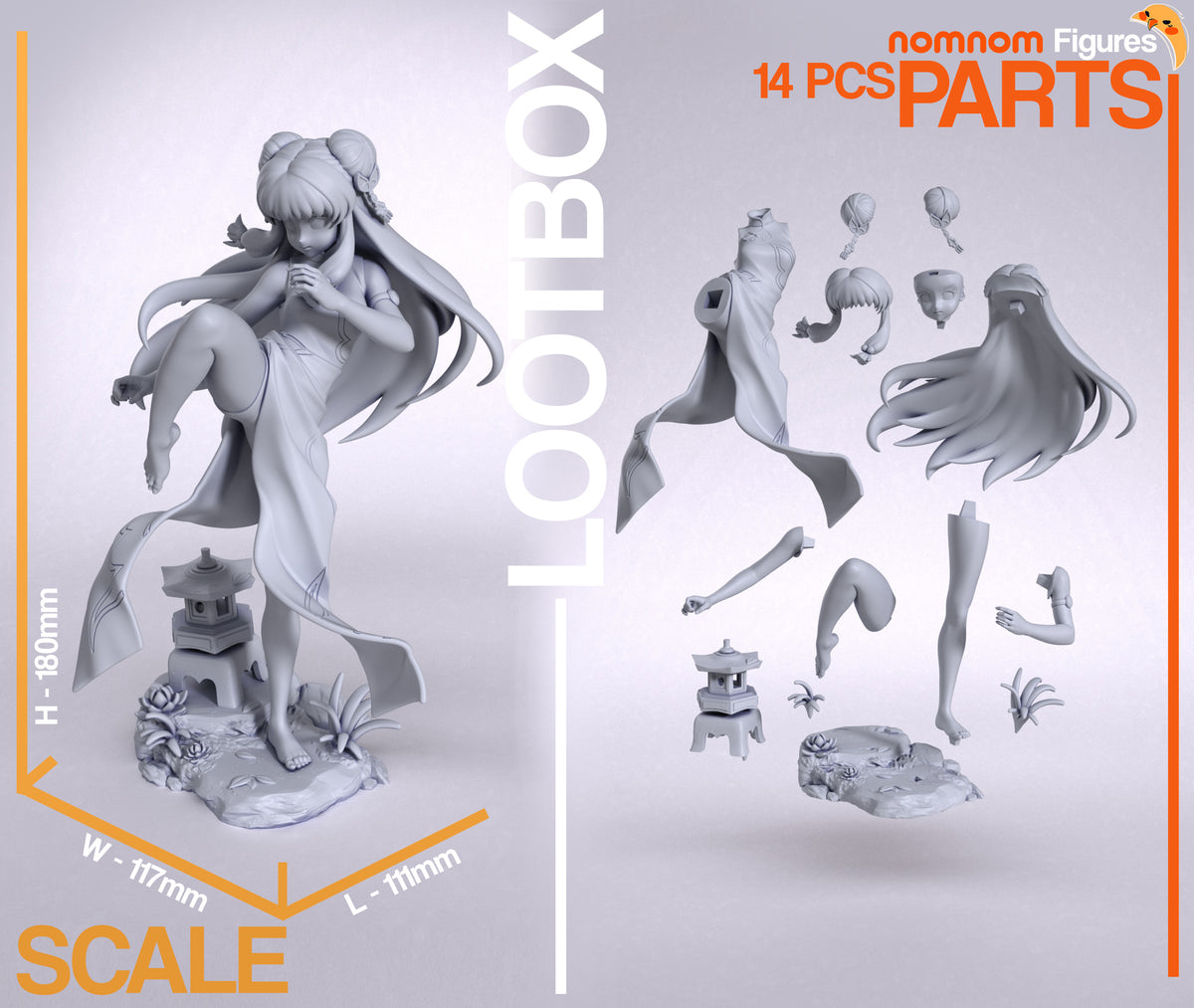 Parts breakdown image showing individual components and assembly layout for Female Martial Artist figure.