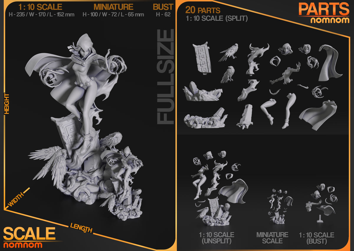 Parts breakdown image showing individual components and assembly layout for Azara, Shadow Sorceress figure.