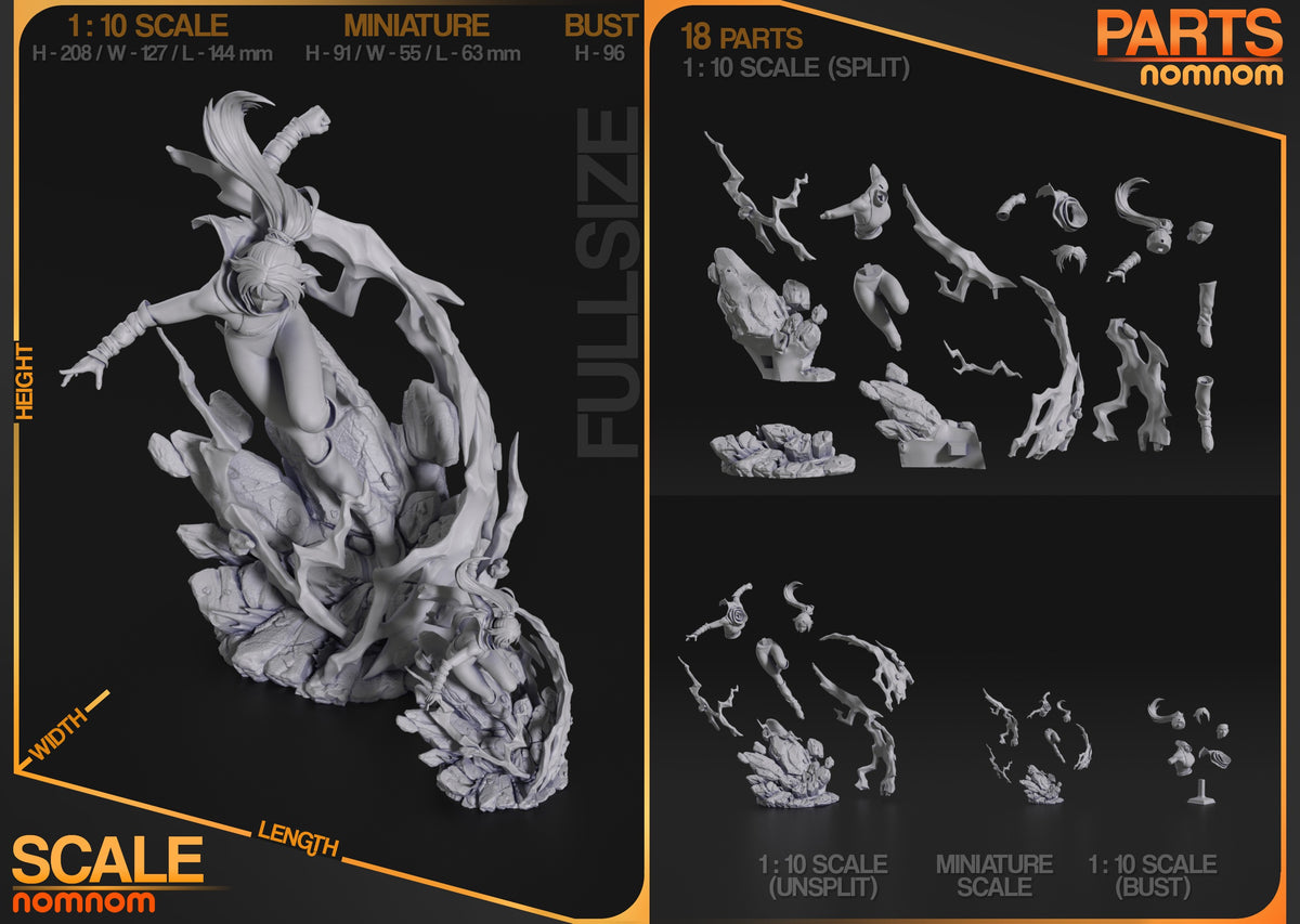 Unpainted resin figure parts for Yoruichi Shihōin from Bleach displayed across three scales, showing separated components including body, base, and detailed accessories.