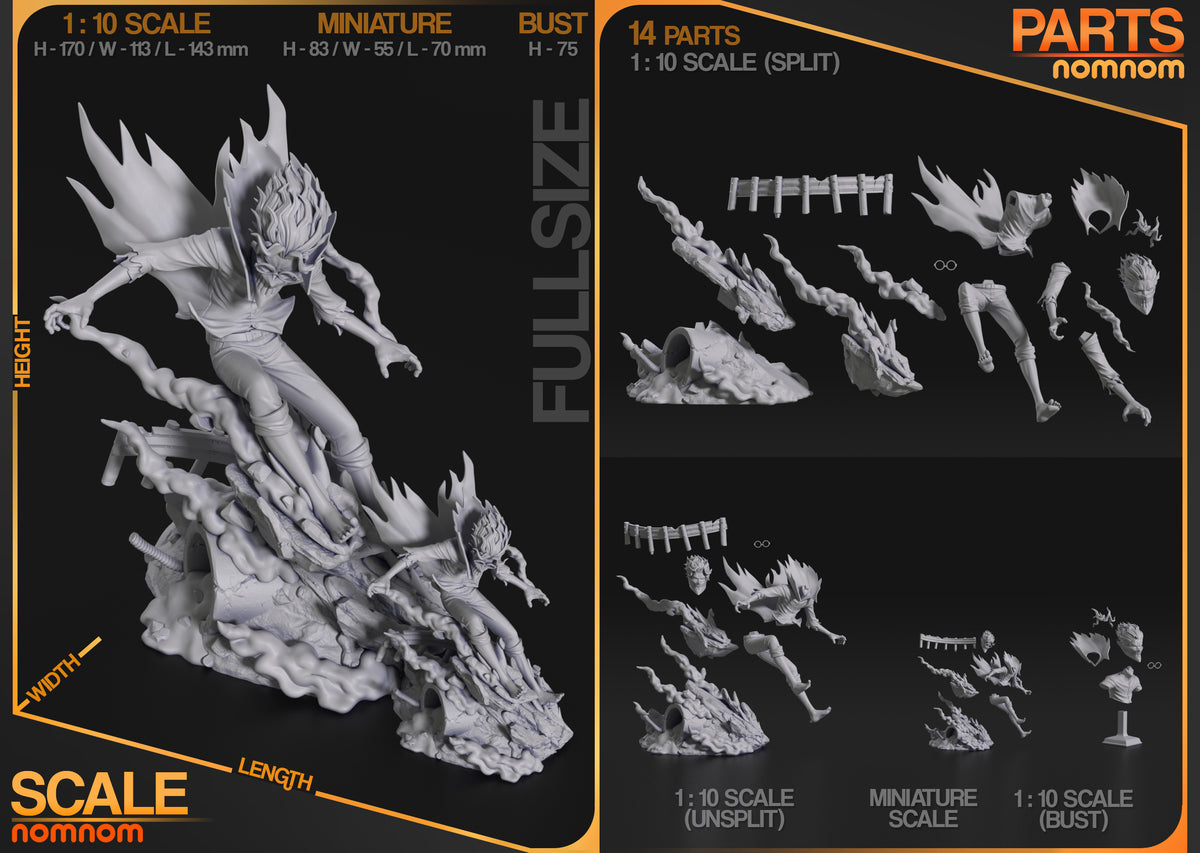 Turbo Okarun from Dandadan resin figure parts are shown unpainted in a split layout.