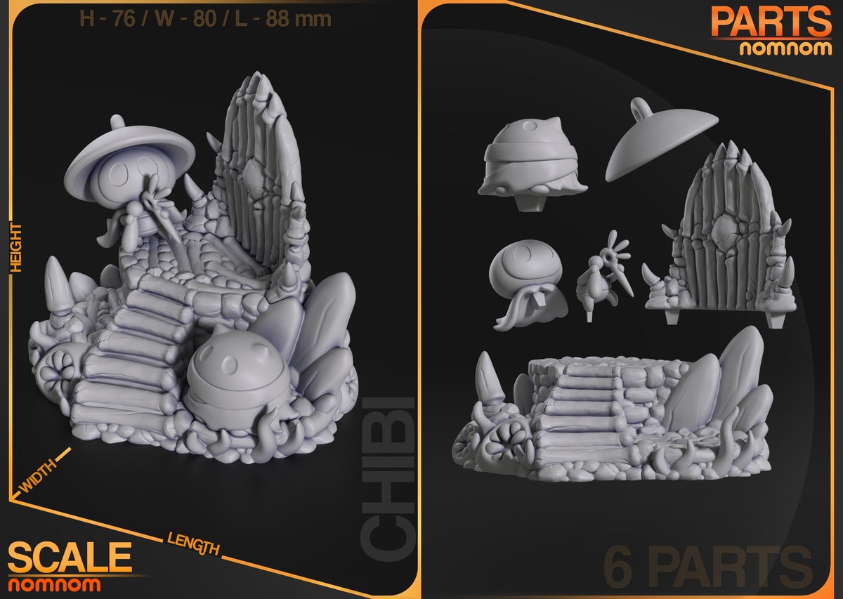 Disassembled resin Chibi figure of Shera from Hollow Knight showing 6 unpainted parts: head, body, shell, base, and accessories arranged on black background.