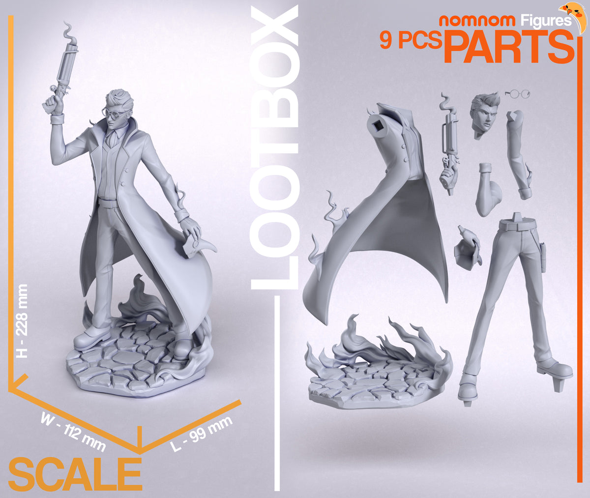 Parts breakdown image showing individual components and assembly layout for Clockwork Gentleman figure.