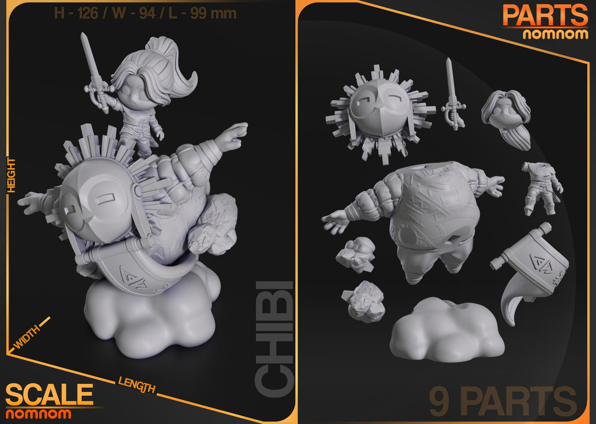Parts breakdown image showing individual components and assembly layout for Esquie & Maelle figure.