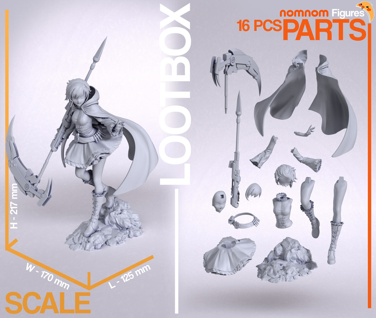 Ruby Rose resin figure parts display showing 16 unpainted components including head, torso, limbs, cape, weapons, and scenic base elements.