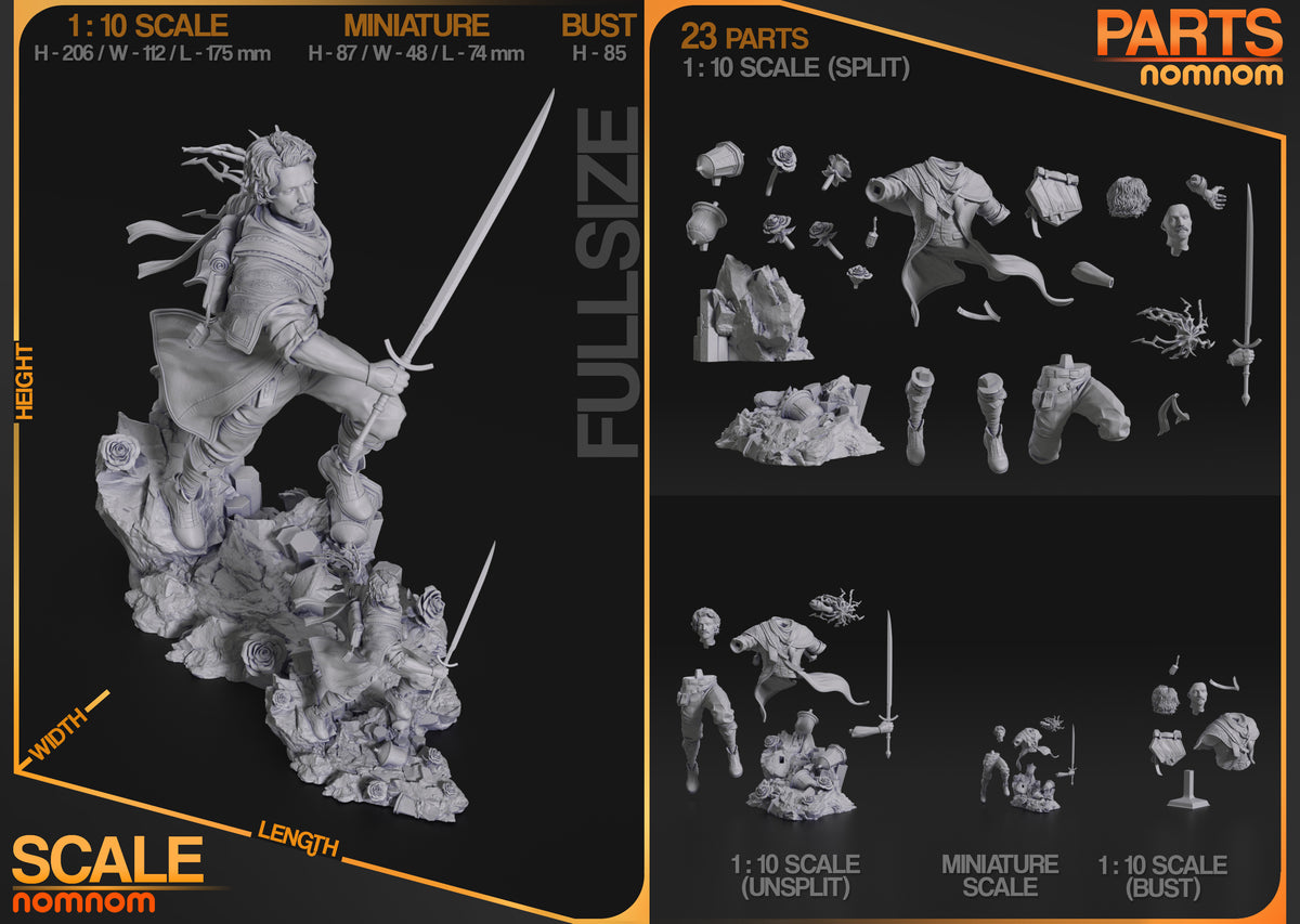 Gustave from Expedition 33 resin figure parts are shown unpainted in a split layout with sculpted base sections.