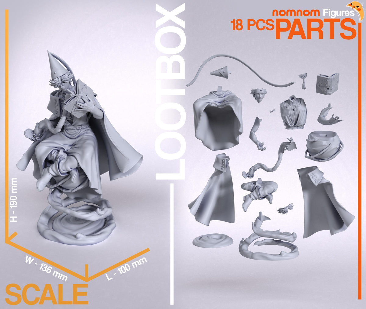 Qifrey resin figure parts display showing 18 unpainted components including robed torso, head, limbs, accessories, and base for assembly.