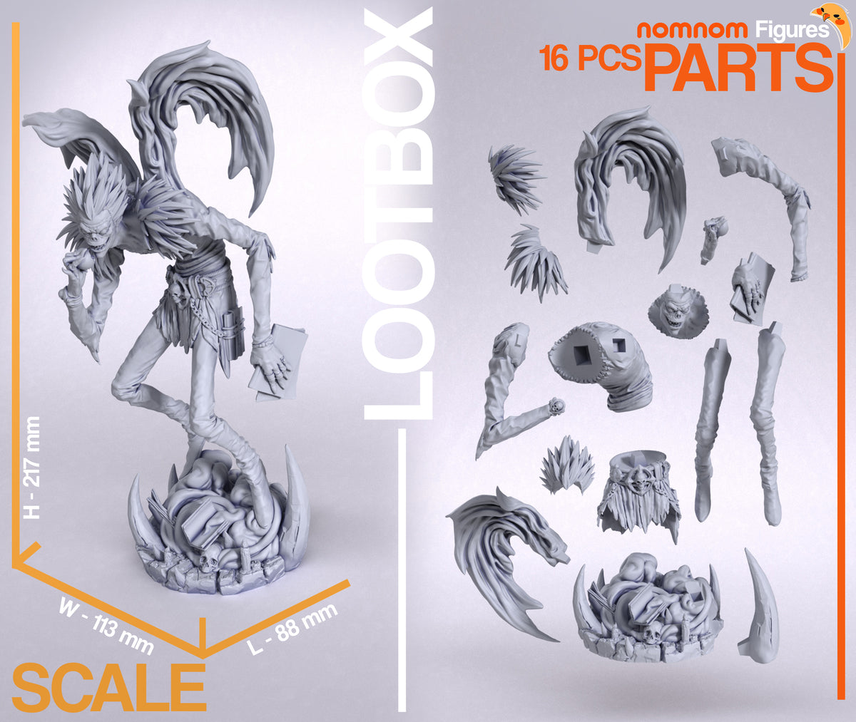 Ryuk from Deathnote resin figure shown assembled beside 16 unpainted parts and its sculpted base.