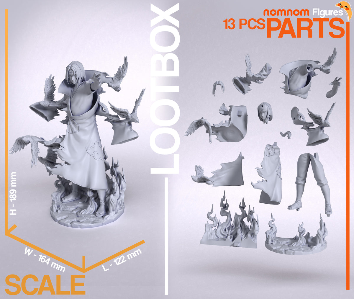 Unpainted Cloaked Ninja from Ninja Anime resin figure parts include robes, birds, head, legs, and flame base.