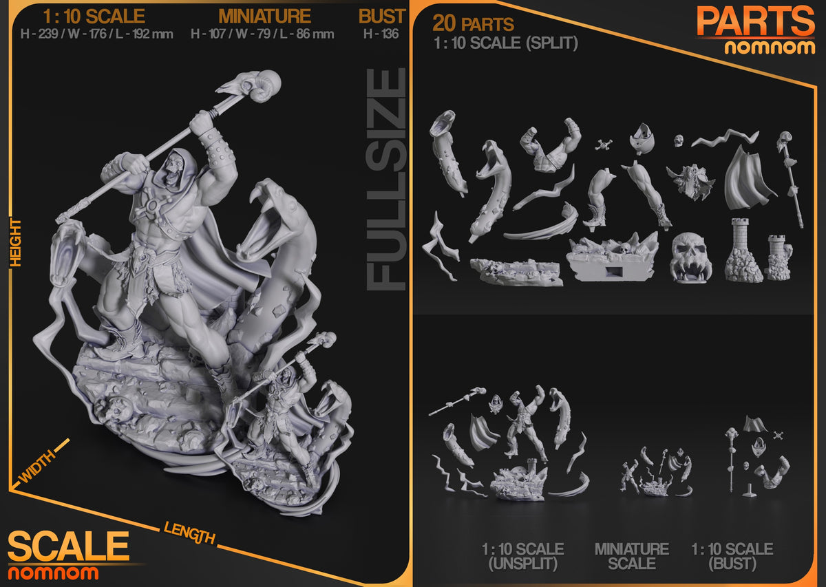 Bone Lord resin figure parts layout showing 20 unpainted components including weapons, armor pieces, skeletal details, and scenic base elements at 1:10 scale.