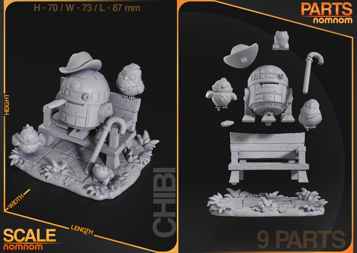 Parts breakdown image showing individual components and assembly layout for R-Series Astromech Chibi figure.