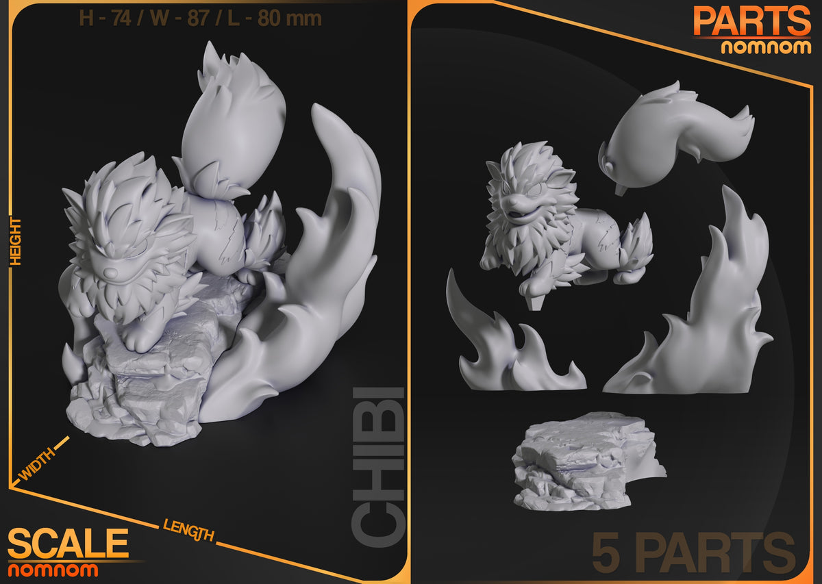 Arcanine from Pokémon shown as five unpainted parts of a resin Chibi figure, including base and tail.