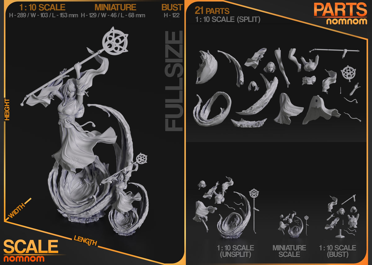 Parts breakdown image showing individual components and assembly layout for Yuna figure.