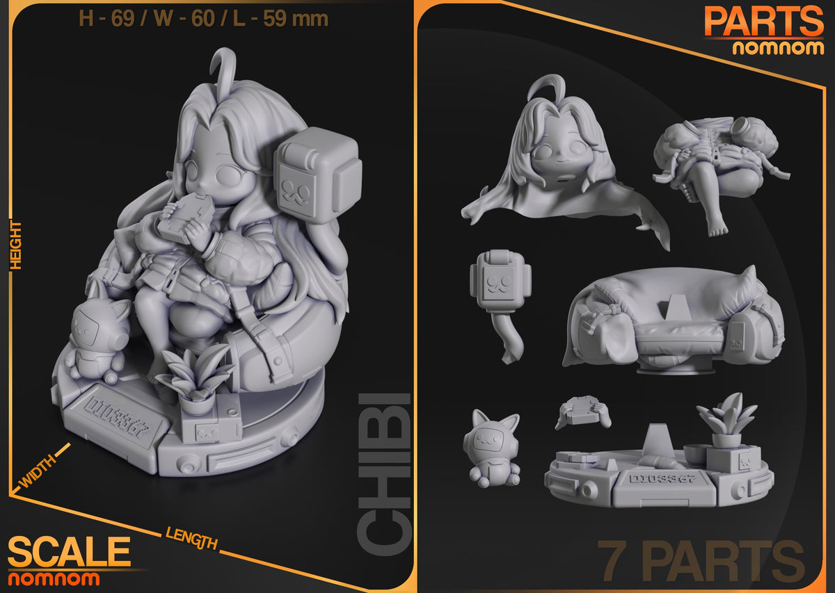Diana from Pragmata resin Chibi figure parts are unpainted, arranged with a sculpted base.