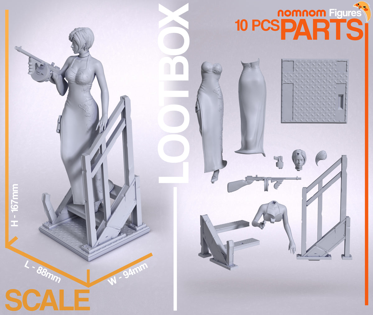Parts breakdown image showing individual components and assembly layout for Ada Wong figure.
