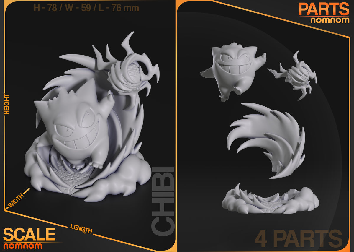 Parts breakdown image showing individual components and assembly layout for Gengar figure.