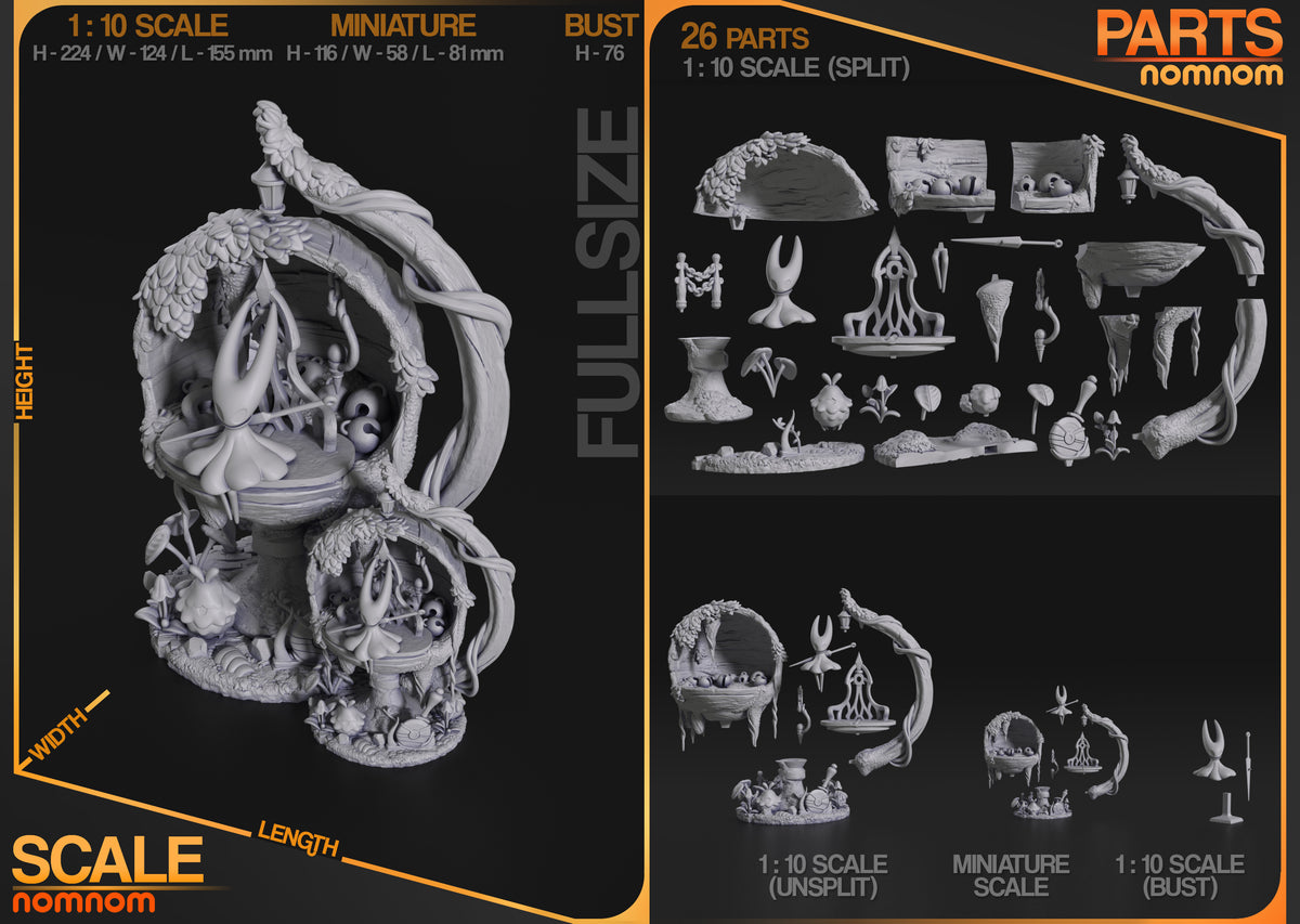 Hornet from Hollow Knight is shown as an unpainted resin figure with separated parts laid out.