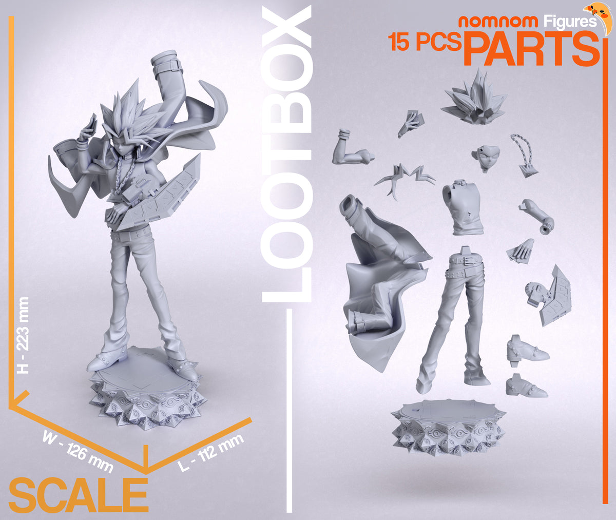 Yugi from Yu-Gi-Oh! shown as unpainted resin figure parts with sculpted base and accessories.