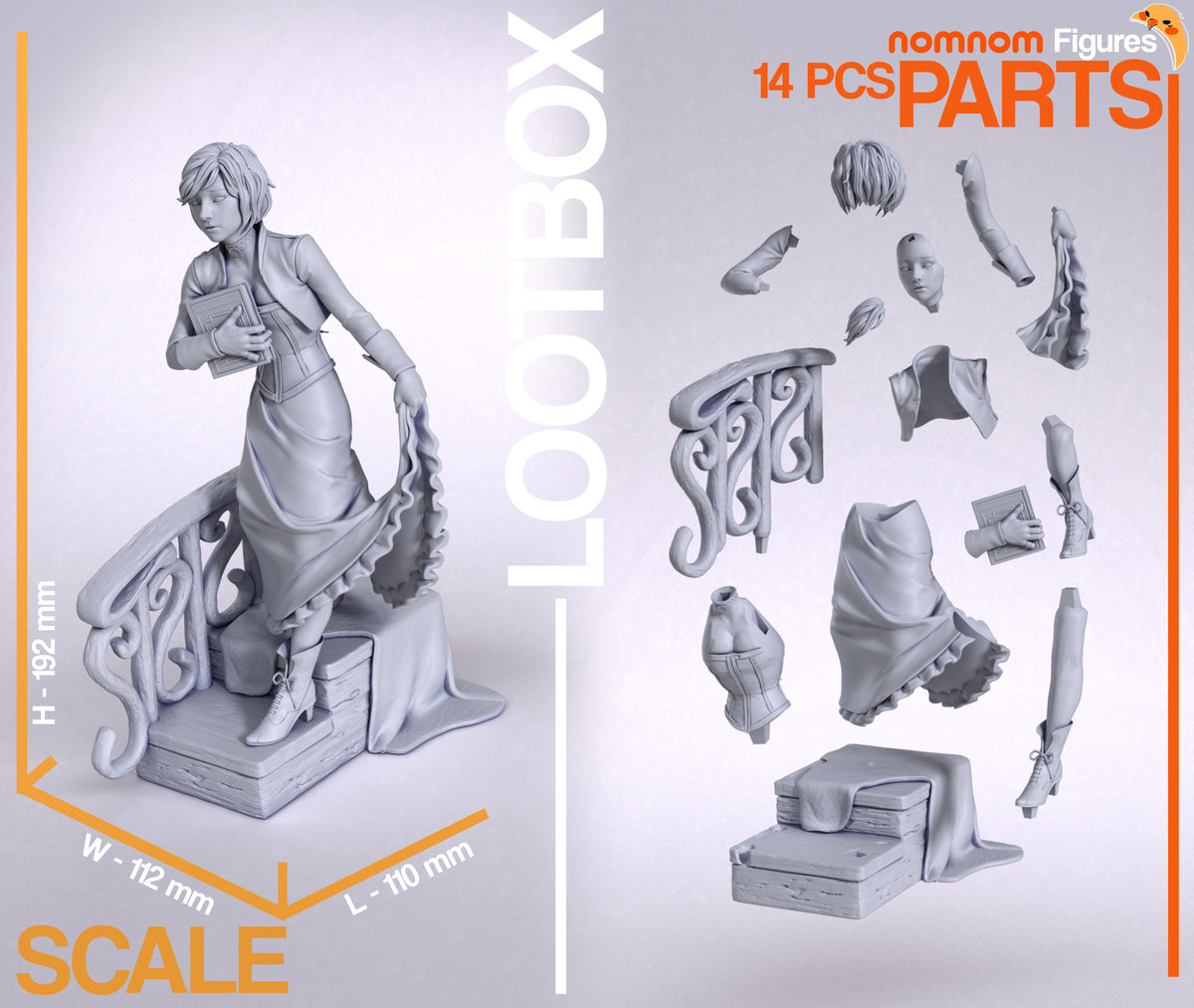Elizabeth from Bioshock resin figure shown unpainted in separated parts beside a sculpted base.