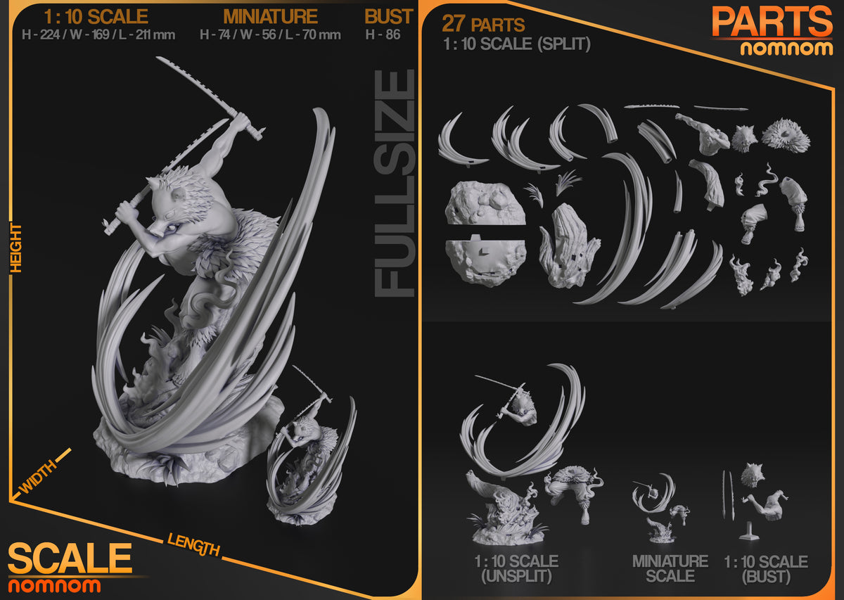 Unpainted parts for Inosuke from Demon Slayer show a resin figure split into 27 pieces.