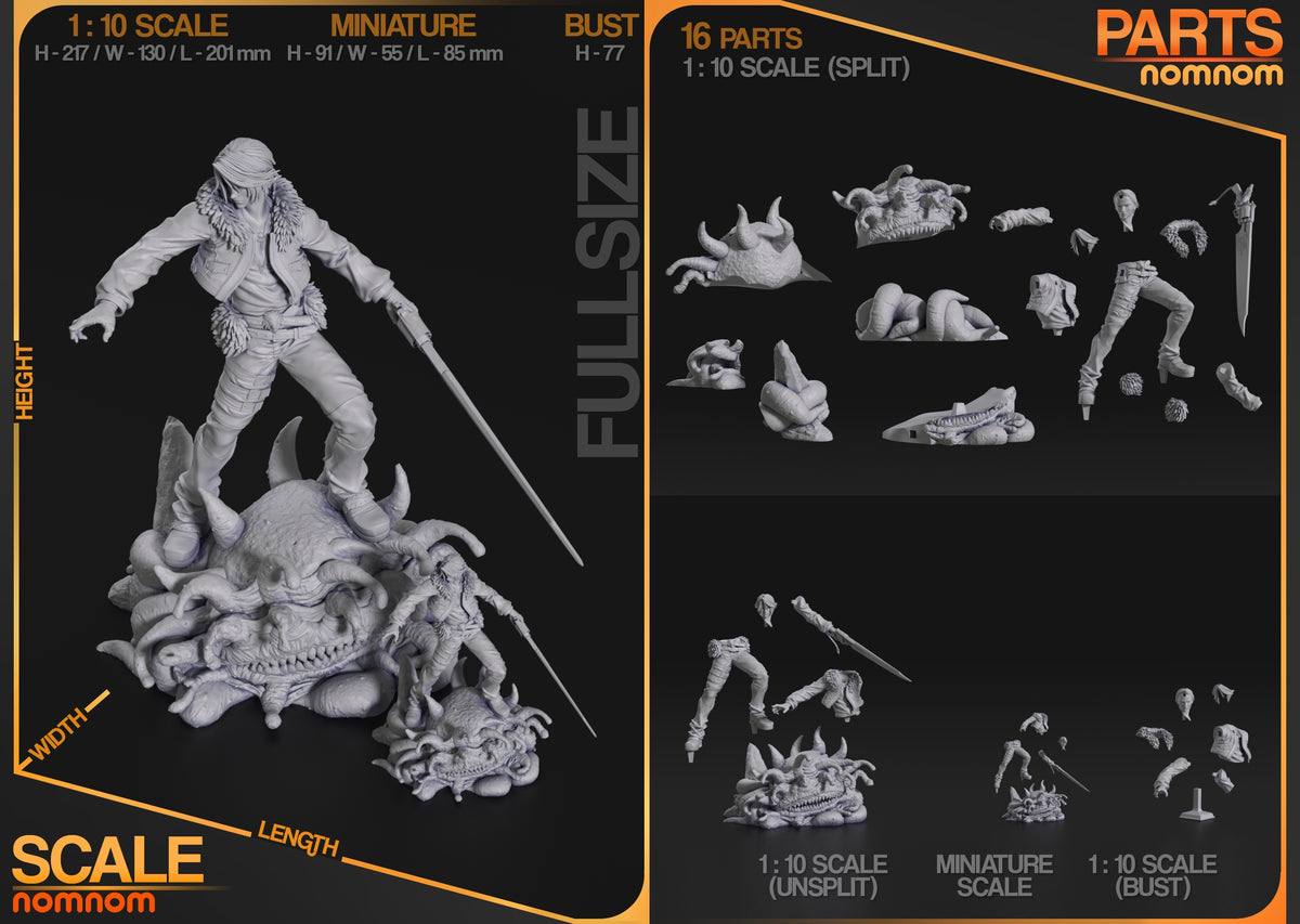 Parts breakdown image showing individual components and assembly layout for Squall Leonhart figure.