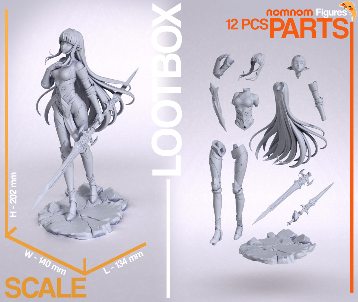 Parts breakdown image showing individual components and assembly layout for Esil Radiru figure.