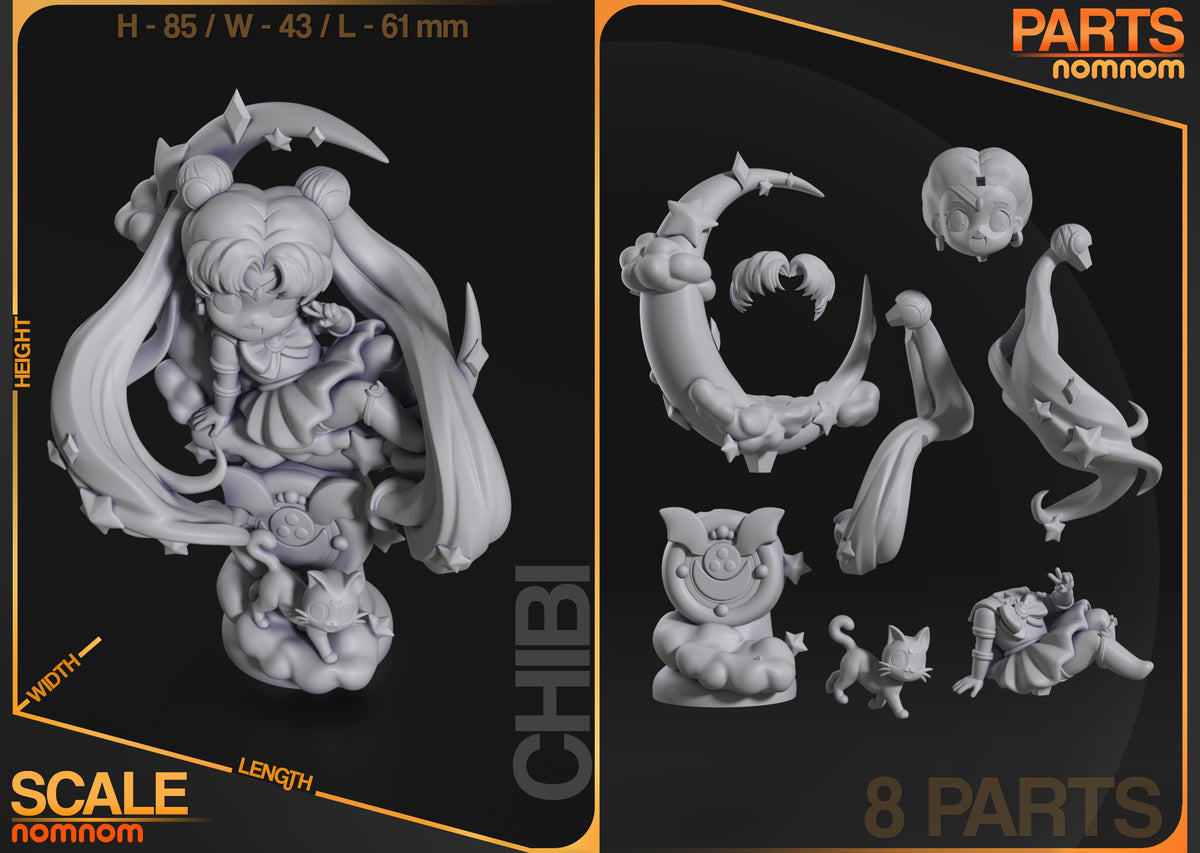 Unpainted parts of Sailor Moon from Sailor Moon, an eight-piece resin Chibi figure with cloud bases.