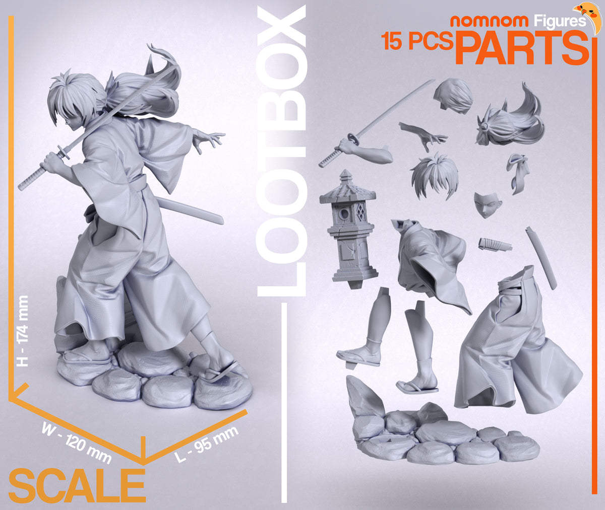 Parts breakdown image showing individual components and assembly layout for Wandering Swordsman figure.