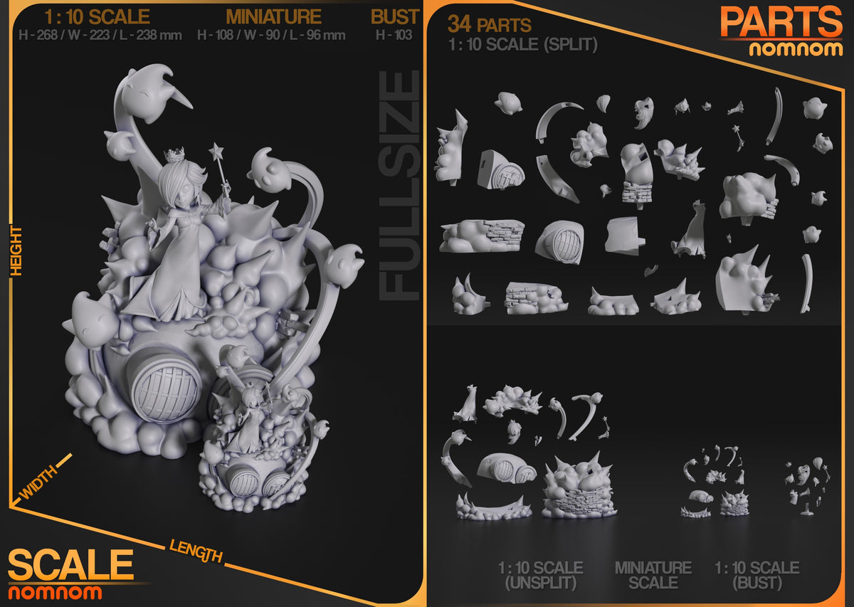 Unpainted resin figure parts layout for Galaxy Princess from Super Mario, showing 34 components including body, arms, accessories, and decorative base elements at 1:10 scale.