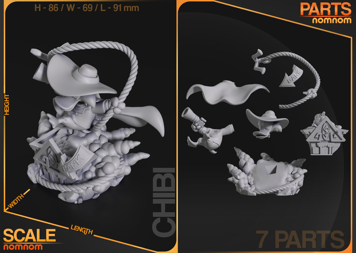 Parts breakdown image showing individual components and assembly layout for Darkwing Duck figure.