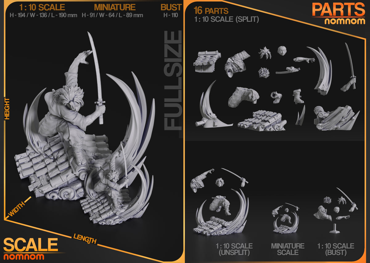 Sanemi from Demon Slayer resin figure shown assembled and split into 16 unpainted parts.