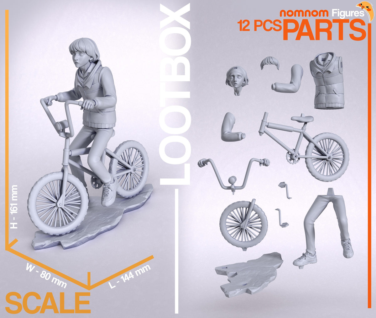 Mike from Stranger Things resin figure parts shown unpainted, including bicycle, clothing, limbs, and sculpted base.