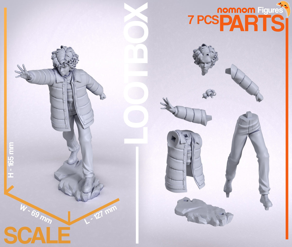 Eleven from Stranger Things resin figure shown unpainted in seven separated parts with sculpted base.