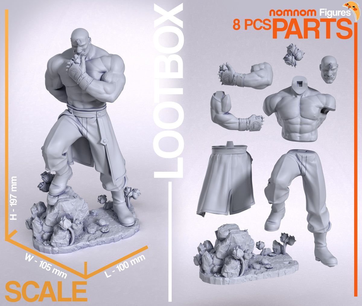 Alex Luis Armstrong from Fullmetal Alchemist has unpainted resin figure parts and a sculpted base.