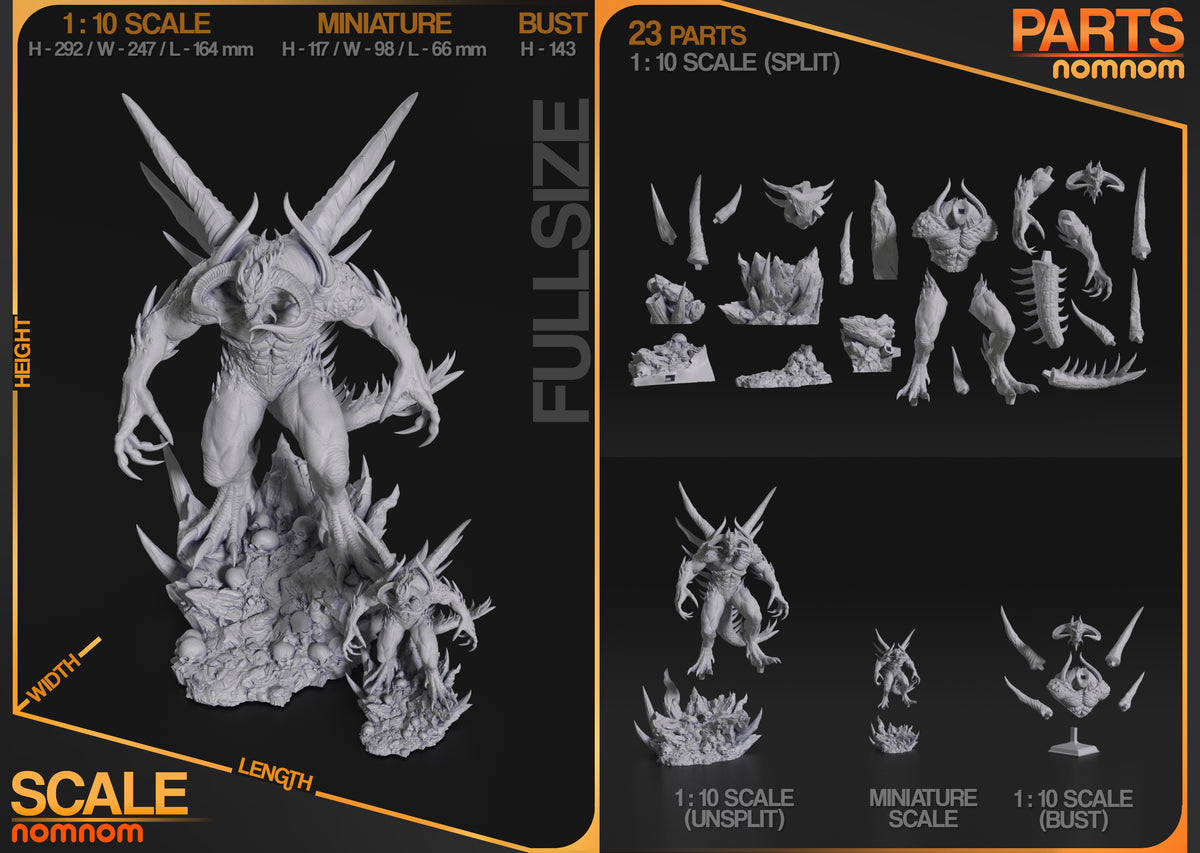 Dark Lord from Diablo resin figure parts shown unpainted in a layout, including body, horns, limbs, and sculpted bases.