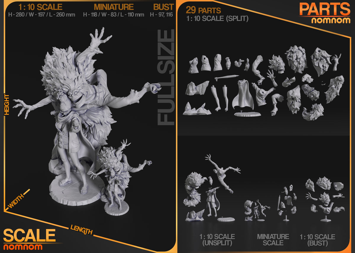 Unpainted Seiko & Granny from Dandadan resin figure parts are arranged by scale with bases.