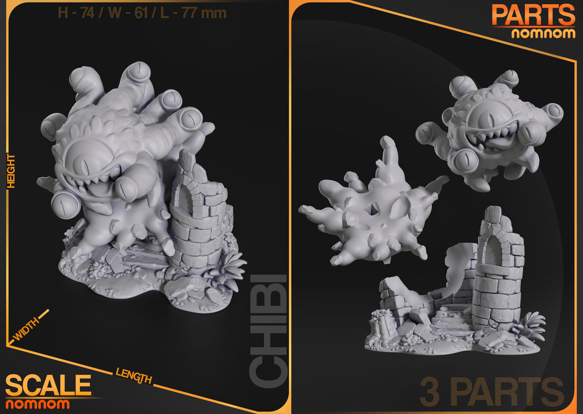 Three unpainted resin Chibi Beholder parts displayed: assembled body with eyestalks, separate floating head, and ruined stone base, shown from multiple angles.