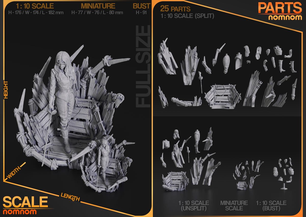 Unpainted resin figure parts layout for Alicia from Expedition 33 at 1:10 scale, showing 25 components including body, weapons, armor pieces, and scenic base elements.