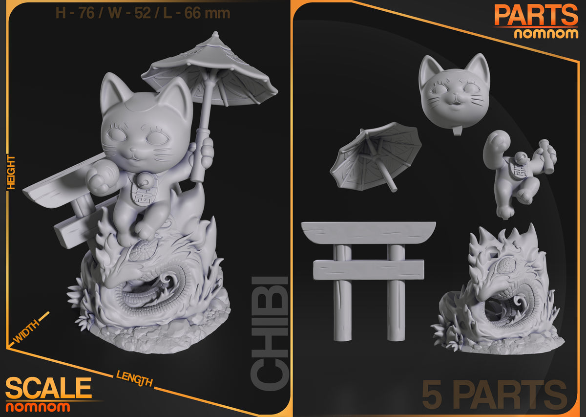 Parts breakdown image showing individual components and assembly layout for Elderly Speed Cat Chibi figure.