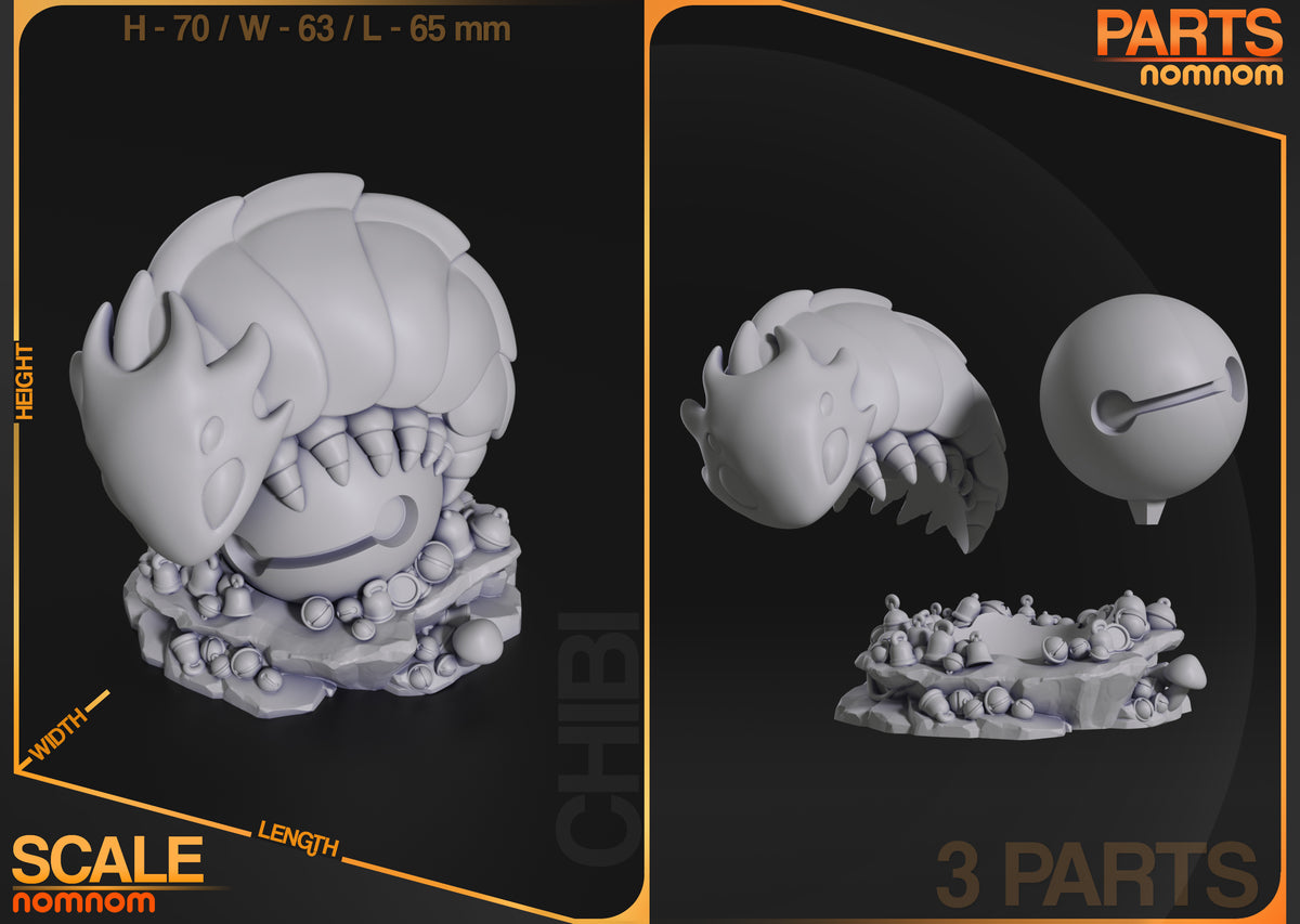 Bell Beast resin Chibi figure parts displayed: main body with base, head, and sphere component in unpainted white resin.