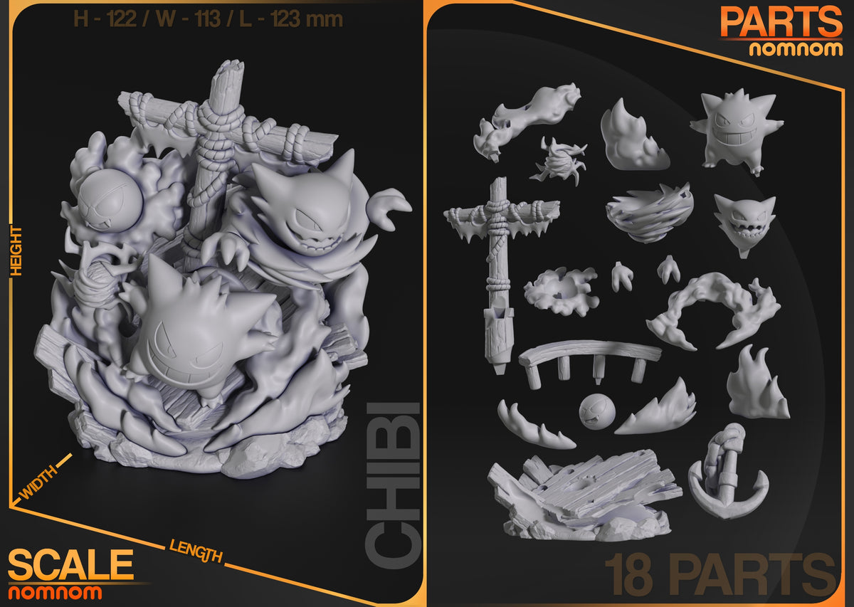 Unpainted resin Chibi figure parts for Gastly, Haunter & Gengar from Pokémon include a sculpted base.