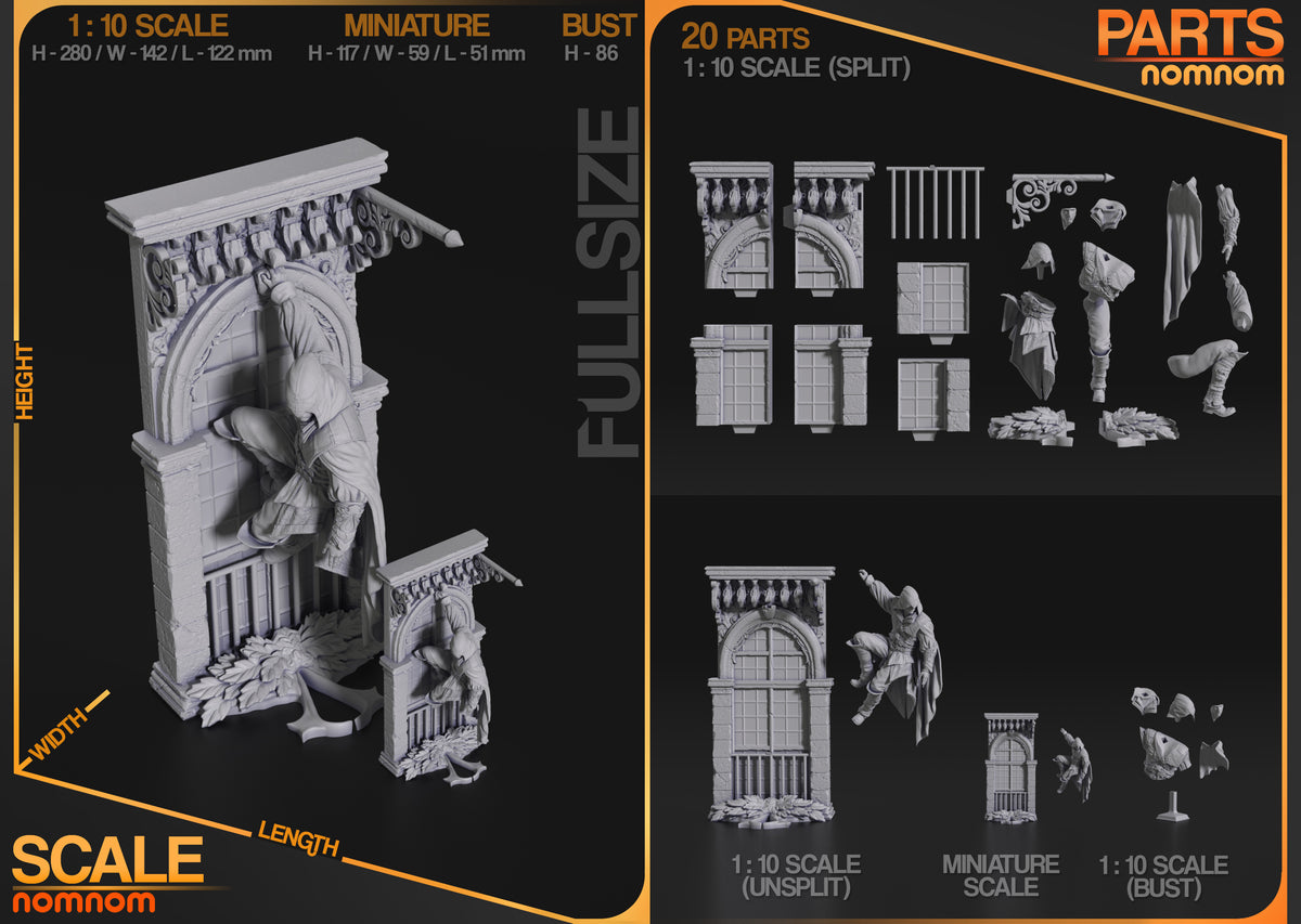 Parts breakdown image showing individual components and assembly layout for Renaissance Assassin figure.