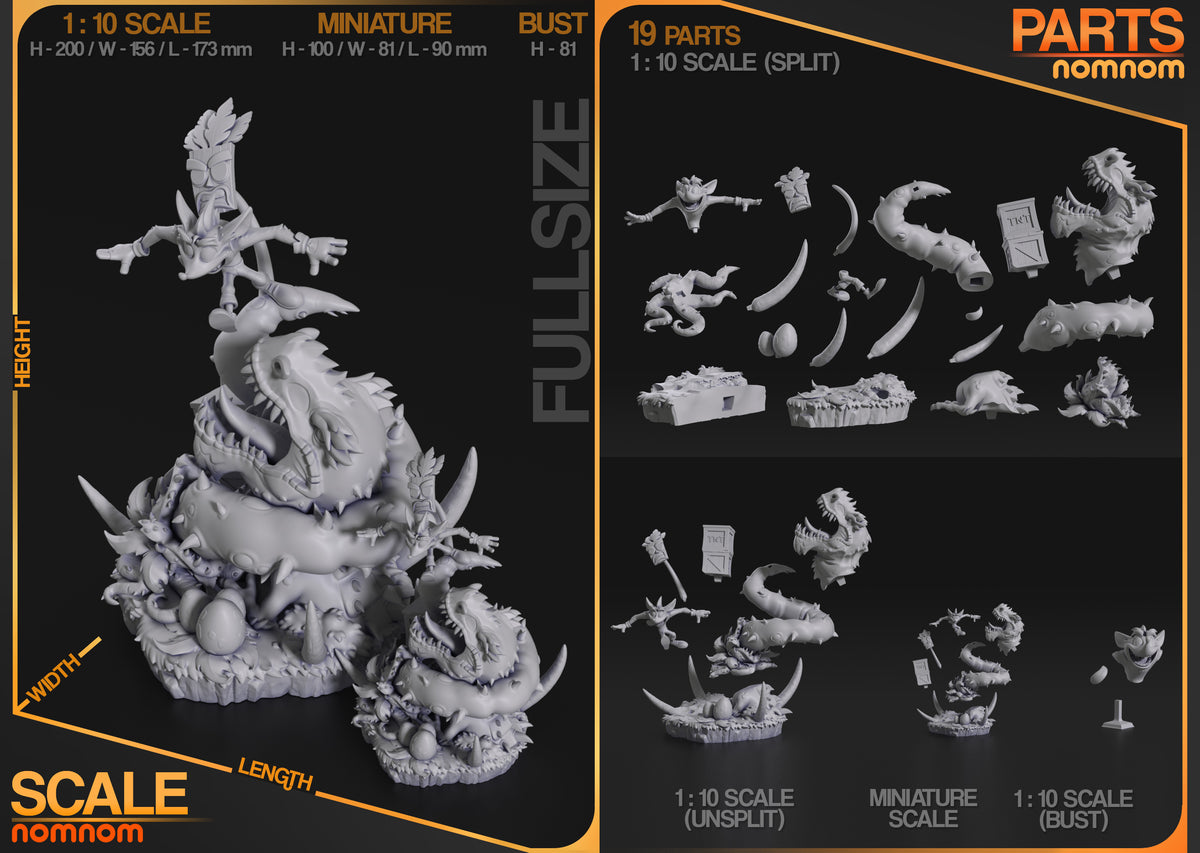 Spin Bandicoot from Marsupial Mayhem resin figure shown as 19 unpainted parts in a layout.