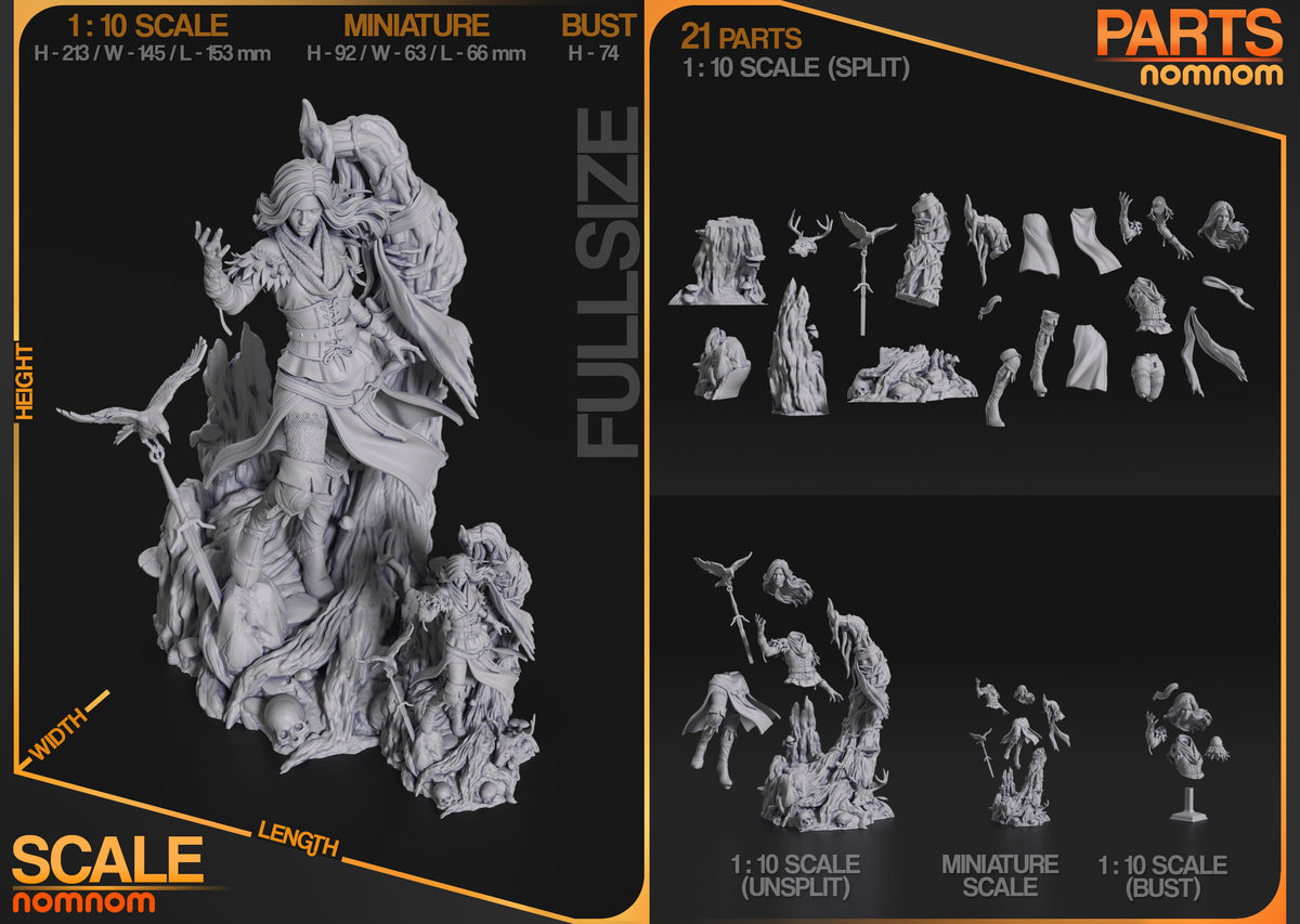 Parts breakdown image showing individual components and assembly layout for female sorceress figure.