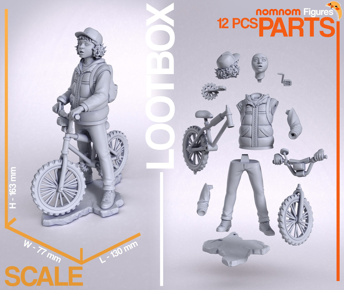 Dustin from Stranger Things resin figure shown as 12 unpainted parts beside a bike base.