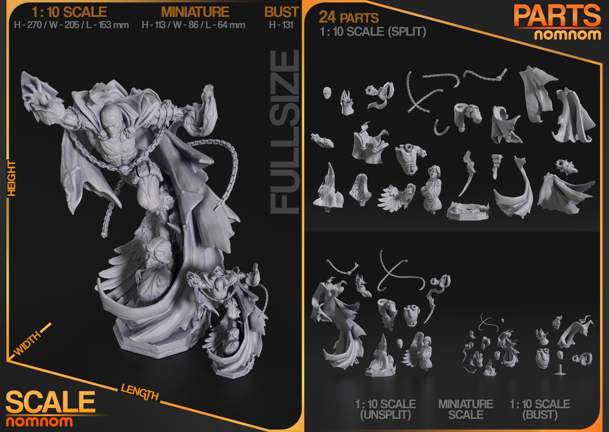 Spawn from Spawn comics resin figure parts are shown unpainted in organized layouts.