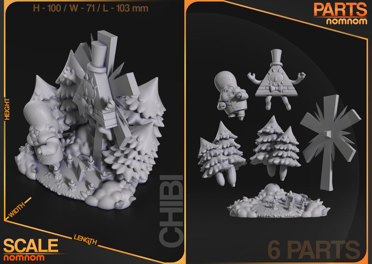 Parts breakdown image showing individual components and assembly layout for Triangle Dream Demon Chibi figure.