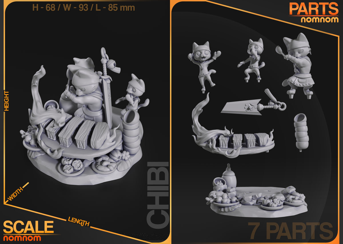 Parts breakdown image showing individual components and assembly layout for Buff Feline Chef figure.