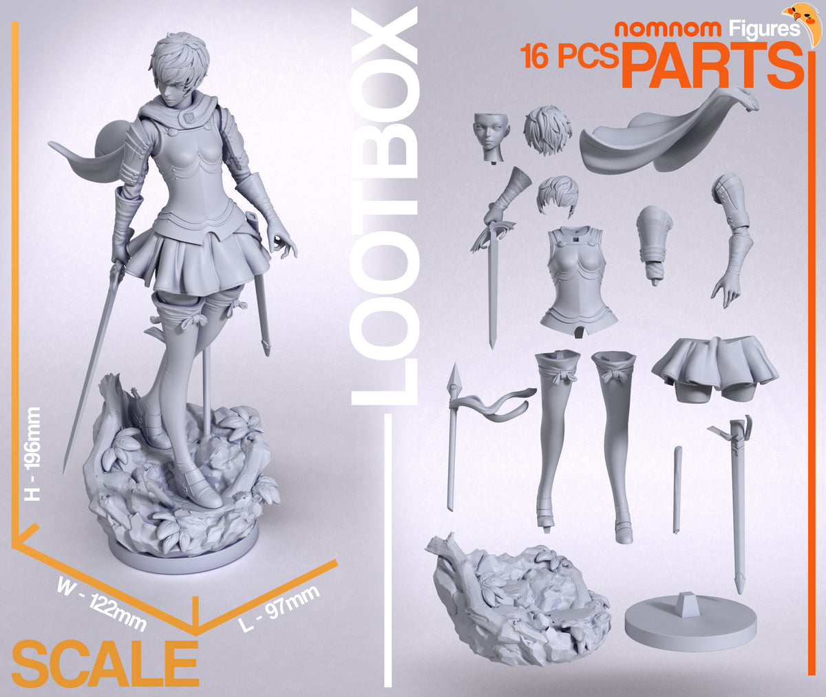 Unpainted Casca from Berserk resin figure parts are arranged beside the sculpted rocky base.